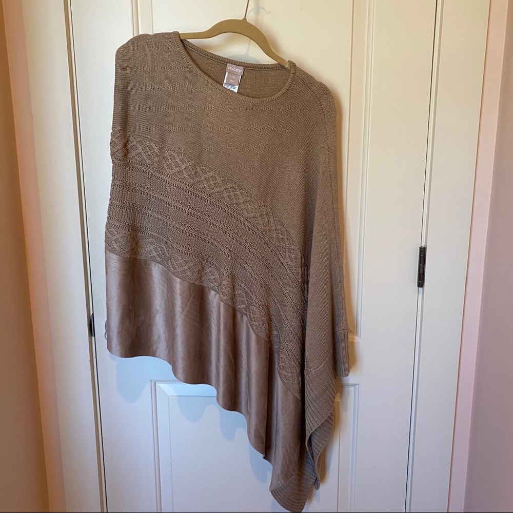 Chico’s asymmetrical taupe knit/faux suede poncho